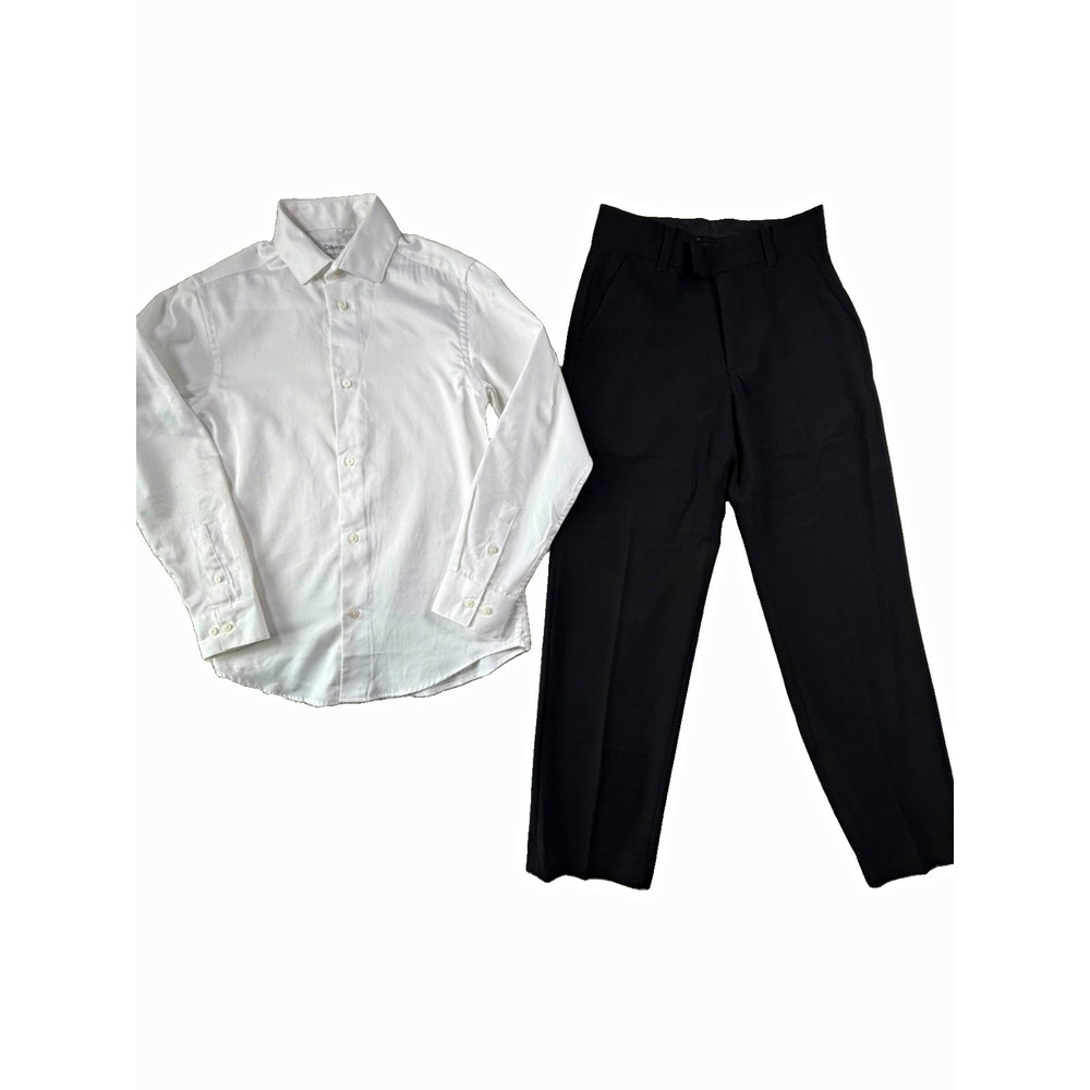 Calvin Klein Boys Formal Outfit Set Size 12 Regular White Shirt Black Pants 2 Pc